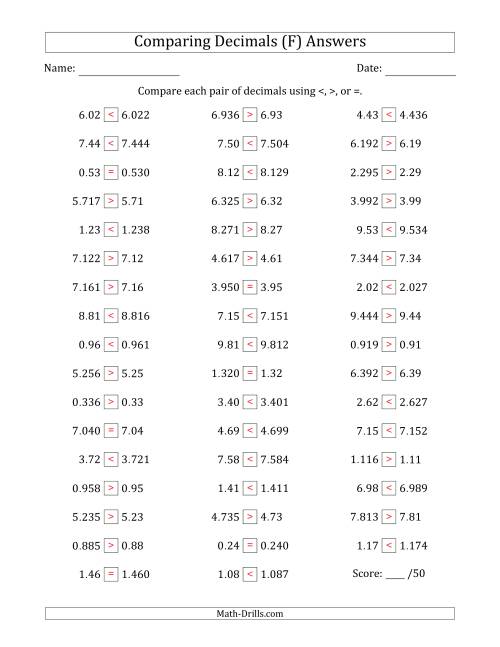 The Comparing Decimals Up to Thousandths (One Number Has an Extra Digit) (F) Math Worksheet Page 2