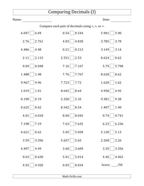 The Comparing Decimals Up to Thousandths (One Number Has an Extra Digit) (I) Math Worksheet