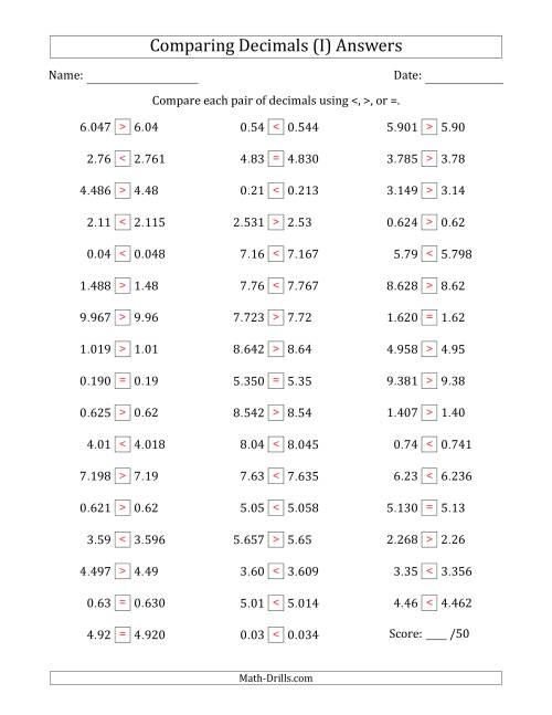 The Comparing Decimals Up to Thousandths (One Number Has an Extra Digit) (I) Math Worksheet Page 2