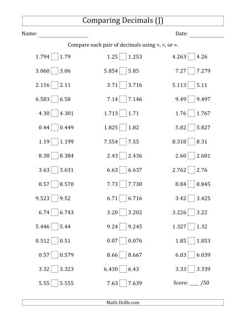 The Comparing Decimals Up to Thousandths (One Number Has an Extra Digit) (J) Math Worksheet