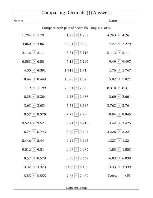 The Comparing Decimals Up to Thousandths (One Number Has an Extra Digit) (J) Math Worksheet Page 2