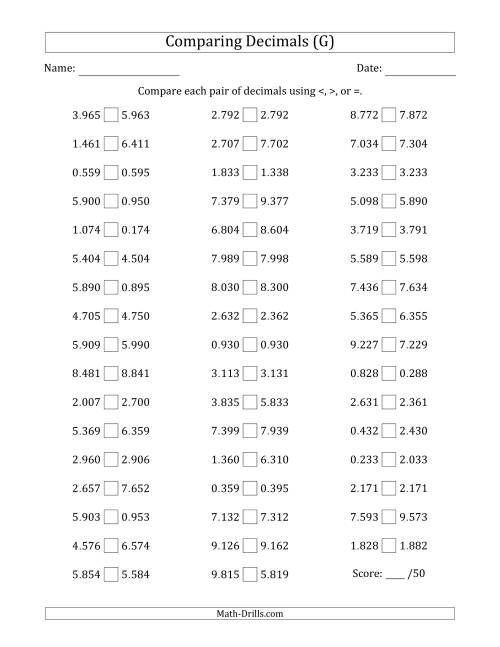 The Comparing Decimals Up to Thousandths (Two Digits Swapped) (G) Math Worksheet