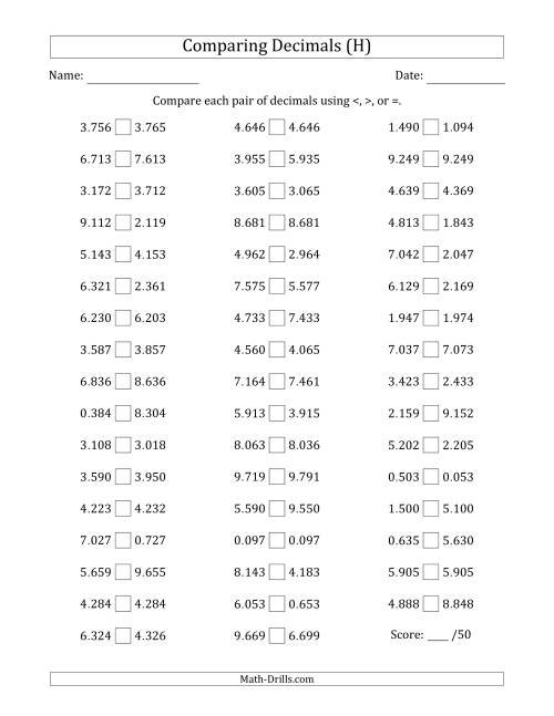 The Comparing Decimals Up to Thousandths (Two Digits Swapped) (H) Math Worksheet