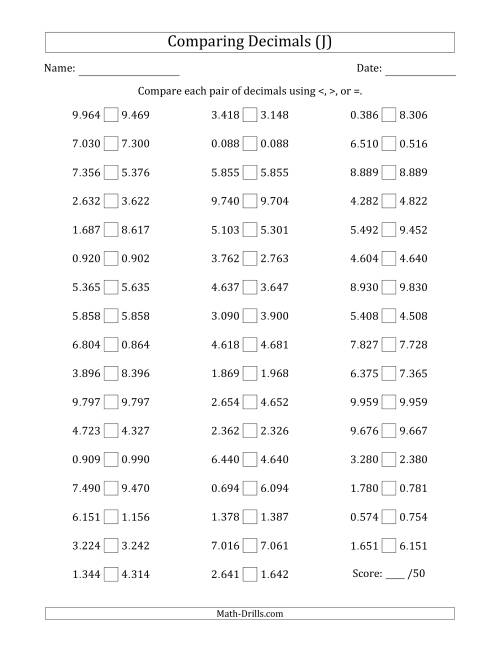 The Comparing Decimals Up to Thousandths (Two Digits Swapped) (J) Math Worksheet