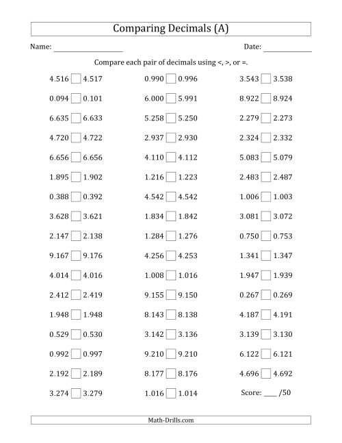 The Comparing Decimals Up to Thousandths (Both Numbers Close in Value) (A) Math Worksheet
