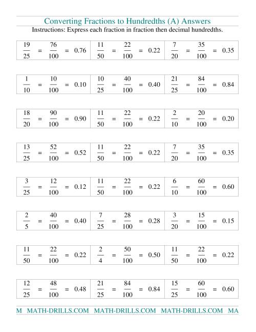 The Converting fractions to hundredths (A) Math Worksheet Page 2