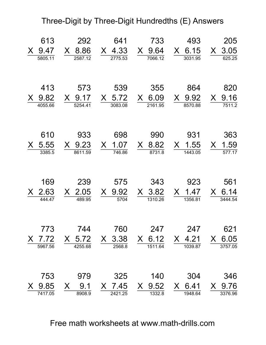 3 digit whole number by 3 digit hundredths vertical 36 per page e