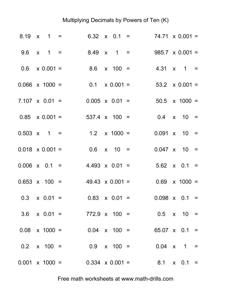 decimal powers of ten 0001 to 1000 horizontal 45 per page k