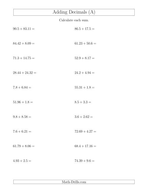 The Adding Decimals With Up to Two Places Before and After the Decimal (A) Math Worksheet