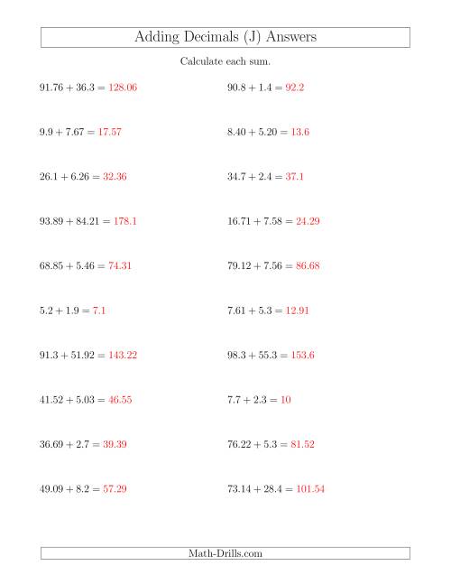 The Adding Decimals With Up to Two Places Before and After the Decimal (J) Math Worksheet Page 2