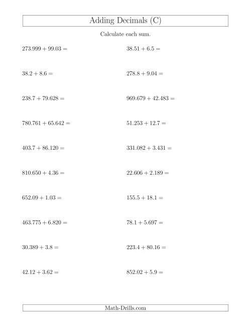 The Adding Decimals With Up to Three Places Before and After the Decimal (C) Math Worksheet