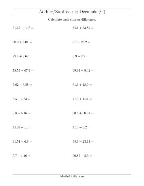 The Adding and Subtracting Decimals With Up to Two Places Before and After the Decimal (C) Math Worksheet