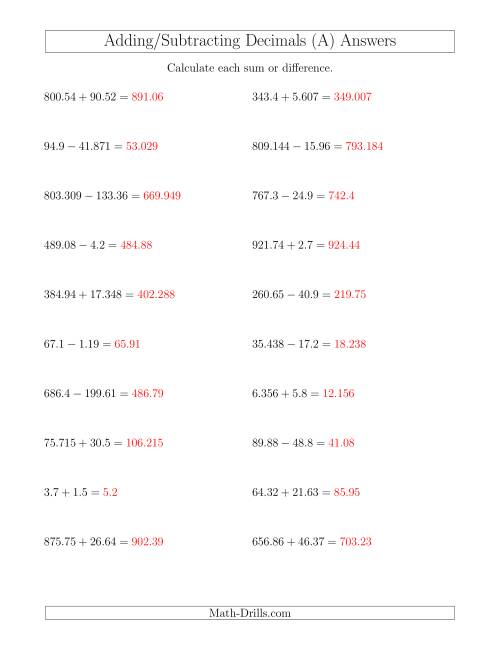 Adding And Subtracting Decimals With Up To Three Places Before And 