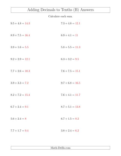 adding decimals to tenths horizontally b