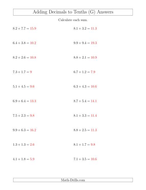 The Adding Decimals to Tenths Horizontally (G) Math Worksheet Page 2