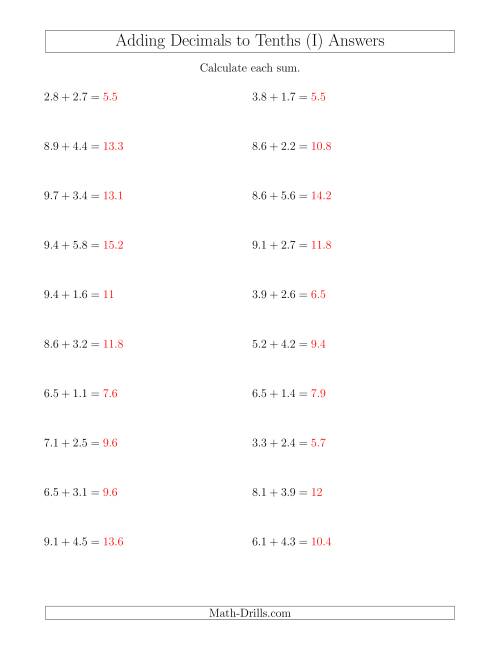 The Adding Decimals to Tenths Horizontally (I) Math Worksheet Page 2