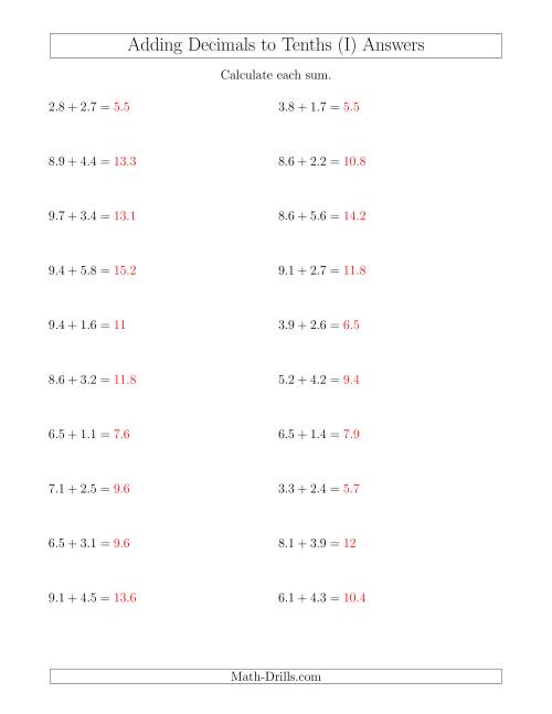 adding decimals to tenths horizontally i