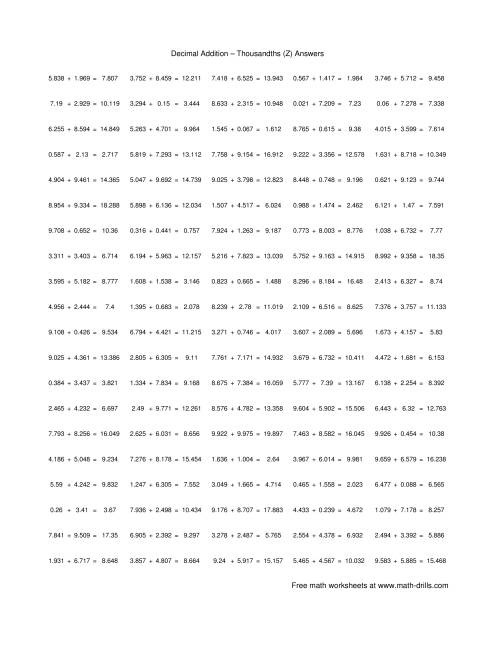 The Adding Thousandths (Z) Math Worksheet Page 2