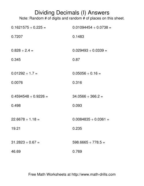 The Dividing with a Random Number of Digits and a Random Number of Decimal Places (I) Math Worksheet Page 2
