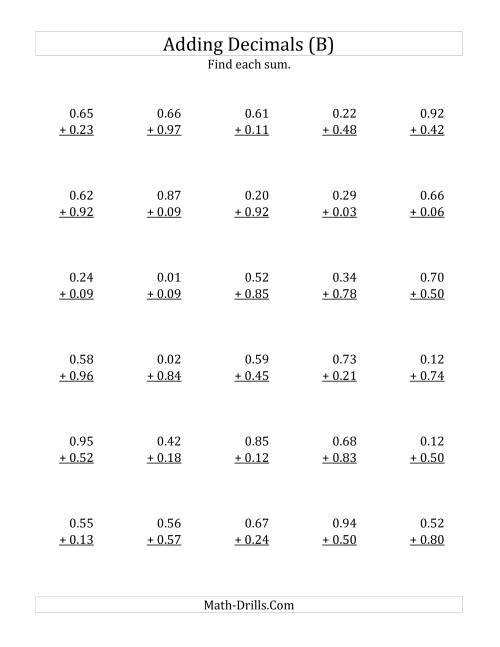 The Adding Decimal Hundredths with 0 Before the Decimal (range 0.01 to 0.99) (B) Math Worksheet