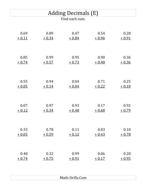 The Adding Decimal Hundredths with 0 Before the Decimal (range 0.01 to 0.99) (E) Math Worksheet