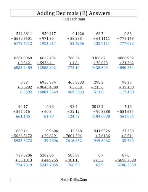 Adding Mixed Decimal Places with Mixed Numbers of Digits Before the ...