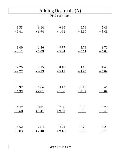 The Adding Decimal Hundredths with 1 Digit Before the Decimal (range 1.01 to 9.99) (A) Math Worksheet