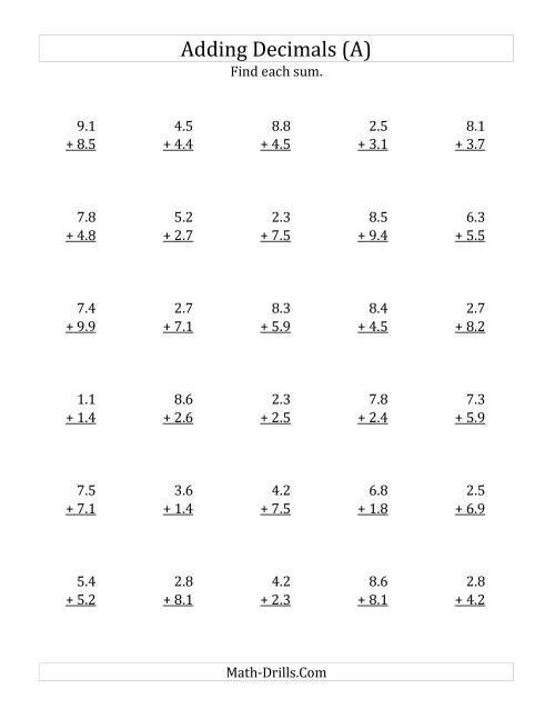 The Adding Decimal Tenths with 1 Digit Before the Decimal (range 1.1 to 9.9) (A) Math Worksheet