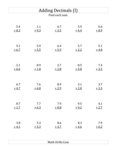 The Adding Decimal Tenths with 1 Digit Before the Decimal (range 1.1 to 9.9) (I) Math Worksheet