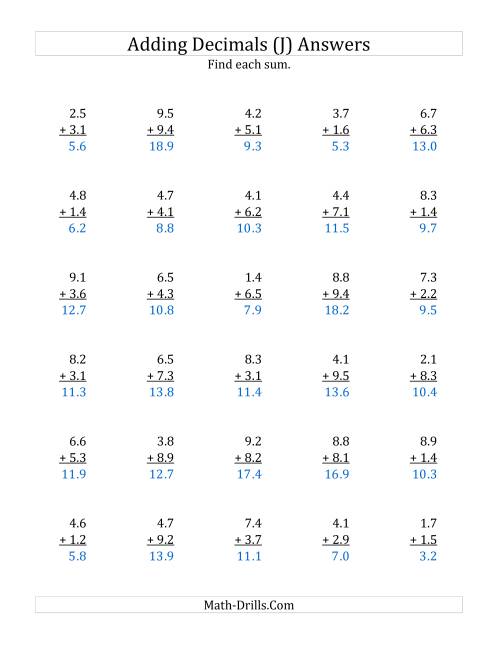 adding decimal tenths with 1 digit before the decimal range 11 to 99