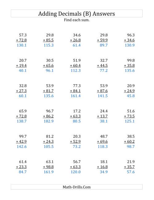 adding decimal tenths with 2 digits before the decimal range 101 to