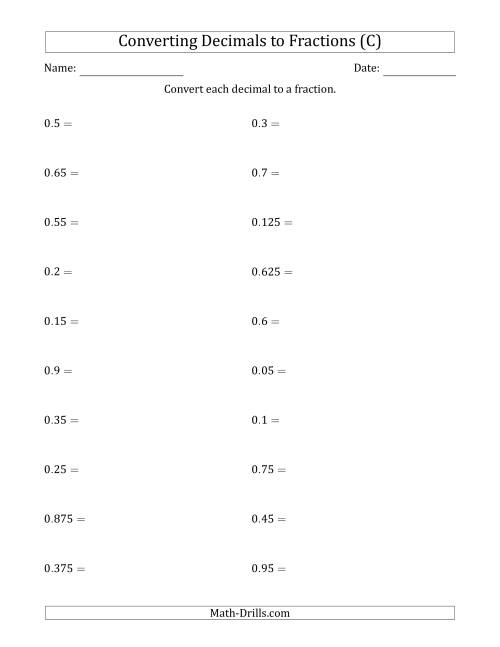 The Converting Terminating Decimals to Fractions (C) Math Worksheet