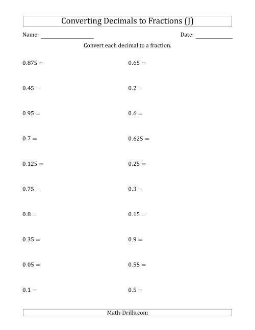 The Converting Terminating Decimals to Fractions (J) Math Worksheet