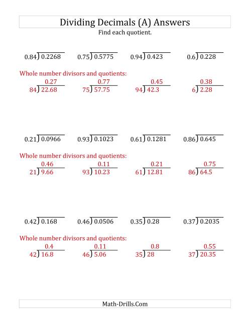 The Dividing Decimals by 2-Digit Hundredths (A) Math Worksheet Page 2