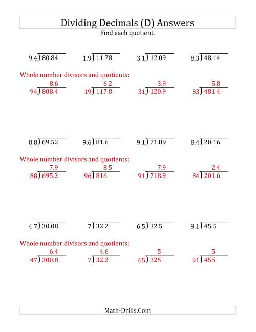The Dividing Decimals by 2-Digit Tenths (D) Math Worksheet Page 2