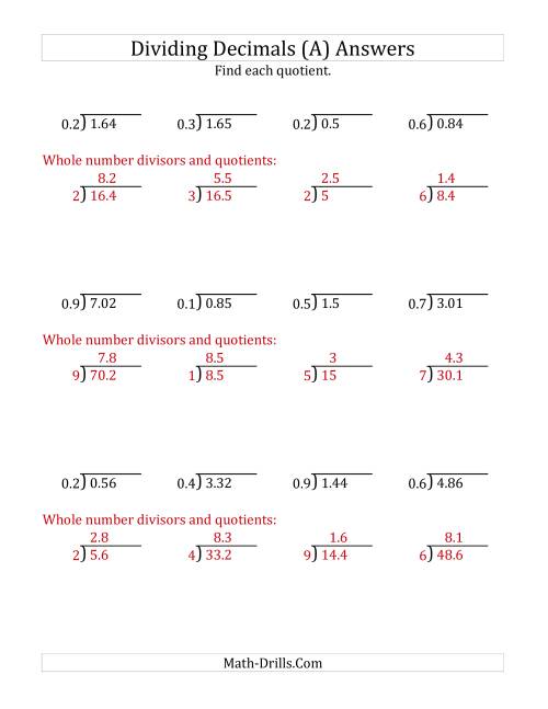 The Dividing Decimals by 1-Digit Tenths with Larger Quotients (A) Math Worksheet Page 2