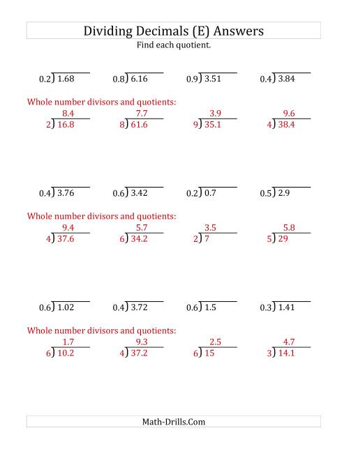 dividing decimals by 1 digit tenths with larger quotients e