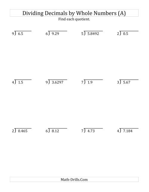 Decimals Divided By Whole Numbers Worksheet
