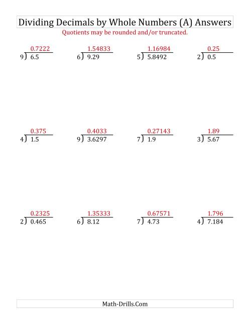 The Dividing Various Decimal Places by a Whole Number (A) Math Worksheet Page 2