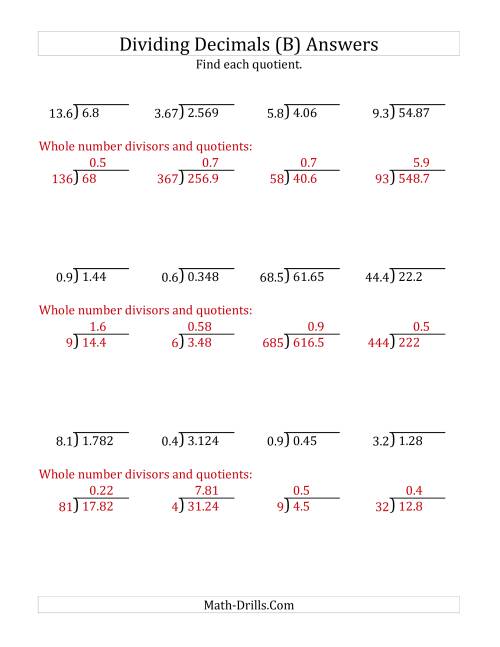 The Dividing Decimals by Various Decimals with Various Sizes of Quotients (B) Math Worksheet Page 2