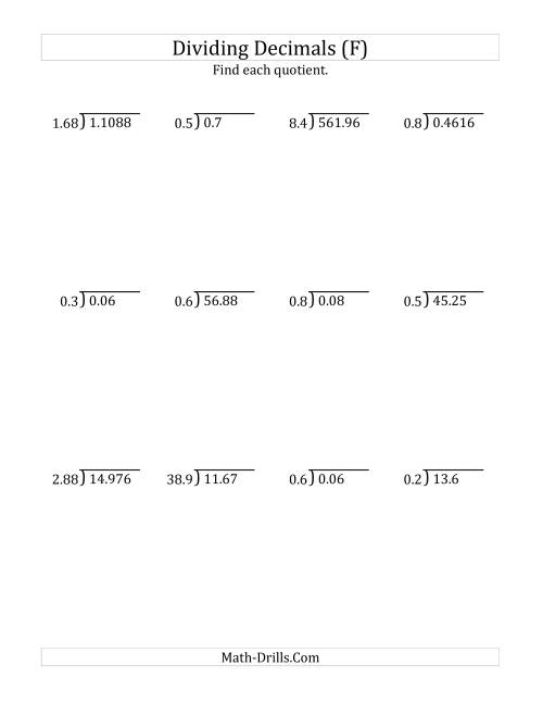 The Dividing Decimals by Various Decimals with Various Sizes of Quotients (F) Math Worksheet