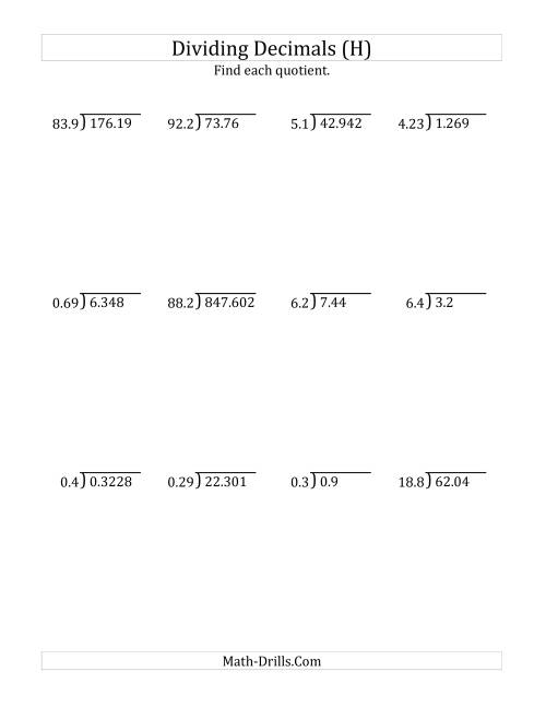 The Dividing Decimals by Various Decimals with Various Sizes of Quotients (H) Math Worksheet