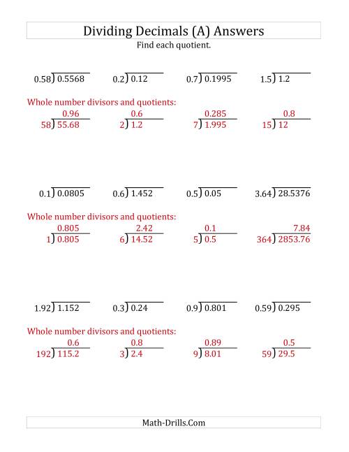 The Dividing Decimals by Various Decimals with Various Sizes of Quotients (All) Math Worksheet Page 2
