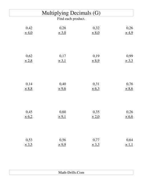 The Multiplying Two-Digit Hundredths by Two-Digit Tenths (G) Math Worksheet