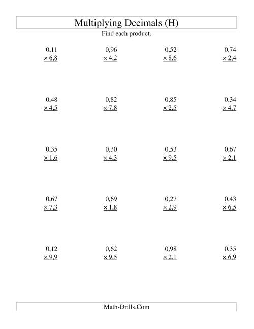 The Multiplying Two-Digit Hundredths by Two-Digit Tenths (H) Math Worksheet