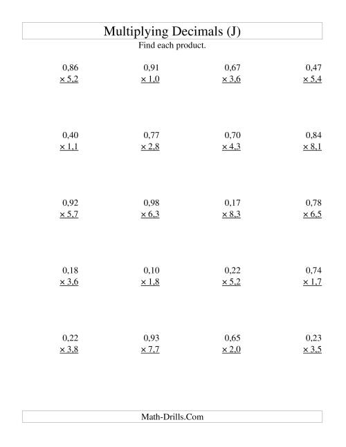 The Multiplying Two-Digit Hundredths by Two-Digit Tenths (J) Math Worksheet