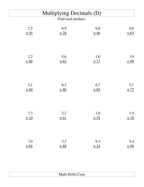 The Multiplying Two-Digit Tenths by Two-Digit Whole Numbers (D) Math Worksheet