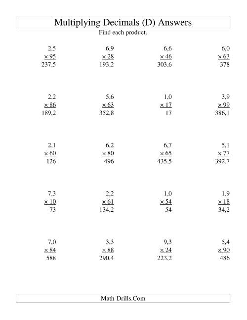 The Multiplying Two-Digit Tenths by Two-Digit Whole Numbers (D) Math Worksheet Page 2