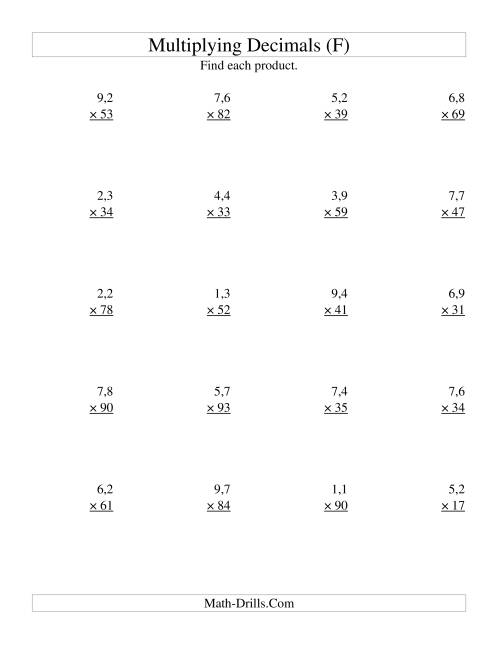 The Multiplying Two-Digit Tenths by Two-Digit Whole Numbers (F) Math Worksheet