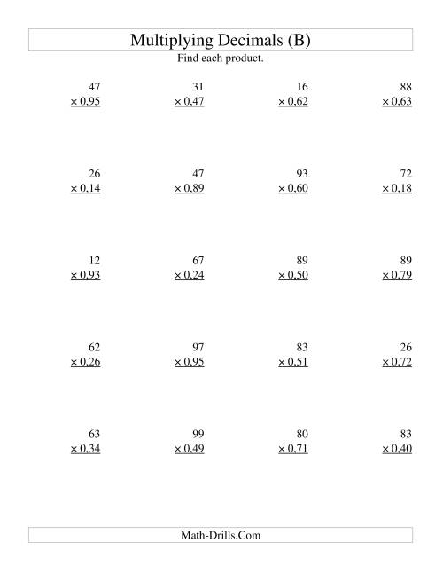 The Multiplying Two-Digit Whole Numbers by Two-Digit Hundredths (B) Math Worksheet